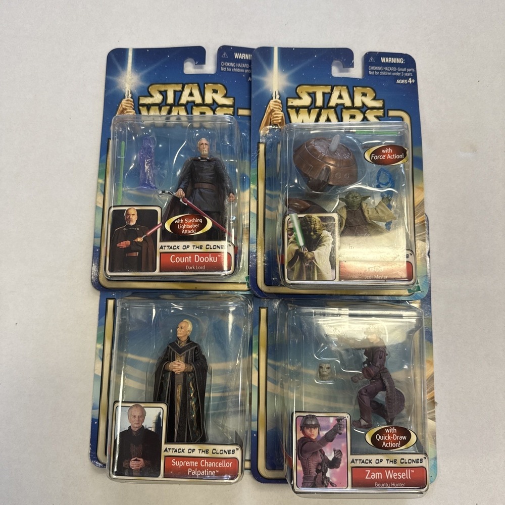 Lot of 4 Star Wars 2002 Action Figures Attack of the Clones Yoda Palpatine Vtg - Picture 2 of 10